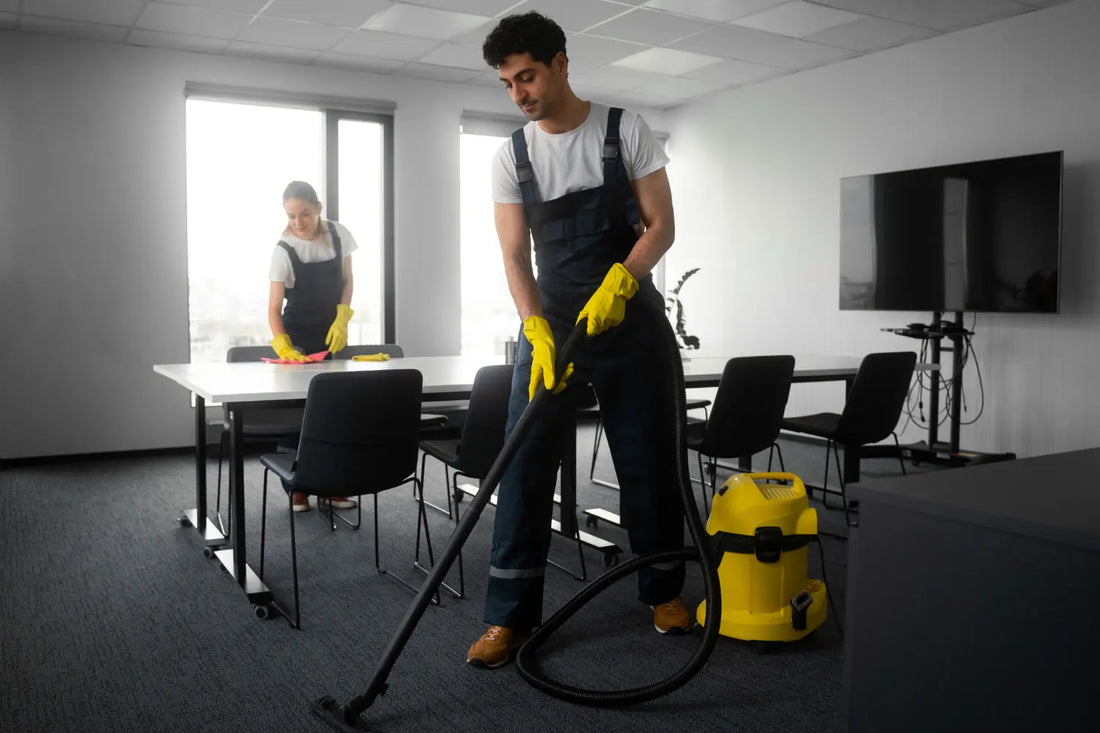 Office carpet cleaning services team vacuuming carpets and wiping desks in a clean workspace