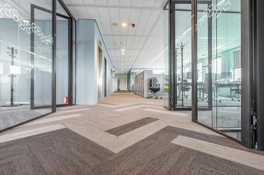 Wide view of office interior after carpet cleaning Reno service showing clean commercial flooring and open workspace